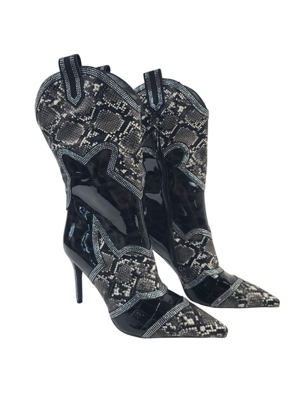 NEW Snake Black Patent Leather Rhinestone Western Stiletto Boots Sz 44 (US 10)